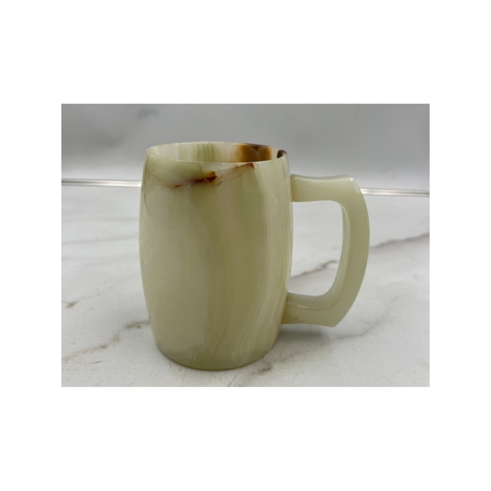 Vintage Green Onyx Marble Carved Stone Mug Barrel Stein Earthy Brown Veining